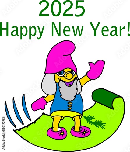 beautiful greeting card with a gnome Happy New Year 2025 in English