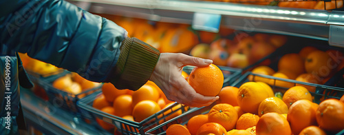 Person grabbing an orange from a grocery basket, symbolizing fresh food and healthy eating choices in the supermarket.