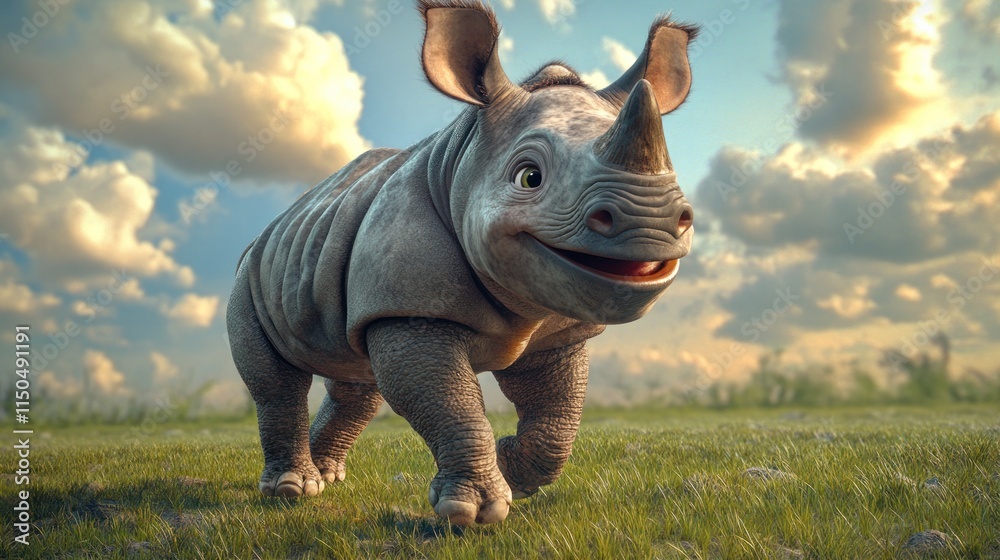 Fototapeta premium Happy baby rhino walking in grassy field under a cloudy sky.