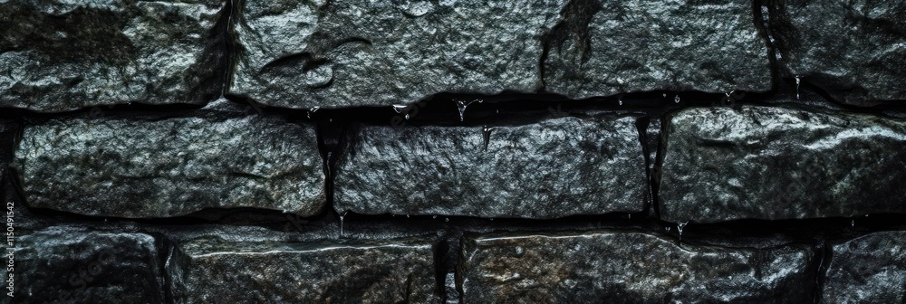 Fototapeta premium Dark gray stone wall texture with water dripping.