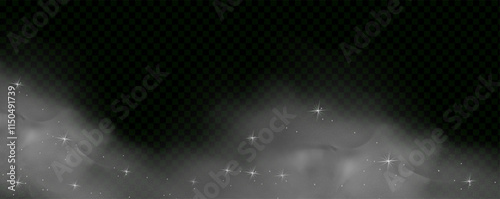 Mystery dark background with glowing particles, stardust, and glittering stars, creating a colorful, ethereal fog. Vector illustration with vibrant, multicolored steam and vapor.
