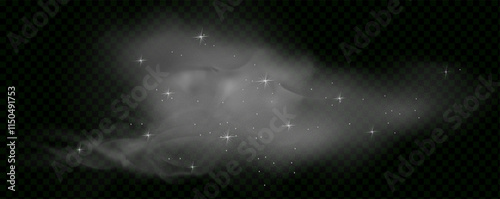 Mystery dark background with glowing particles, stardust, and glittering stars, creating a colorful, ethereal fog. Vector illustration with vibrant, multicolored steam and vapor.