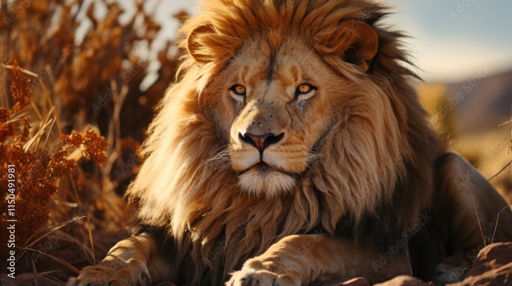 Fototapeta premium Majestic African Lion in Golden Hour Light
