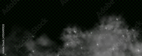 Mystery dark background with glowing particles, stardust, and glittering stars, creating a colorful, ethereal fog. Vector illustration with vibrant, multicolored steam and vapor.