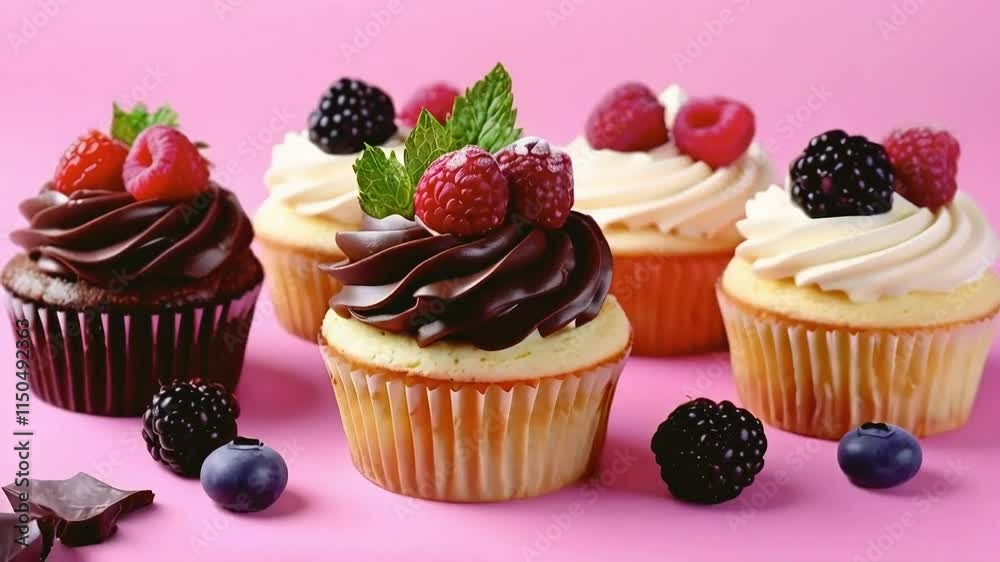 Delicious cupcakes with chocolate and vanilla frosting, topped with fresh raspberries, blackberries, and blueberries. Delicious cupcakes with chocolate and vanilla frosting, topped with fresh raspberries, blackberries, and blueberries.