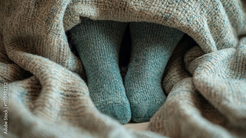 Cozy feet wrapped in a warm blanket on a chilly day at home photo