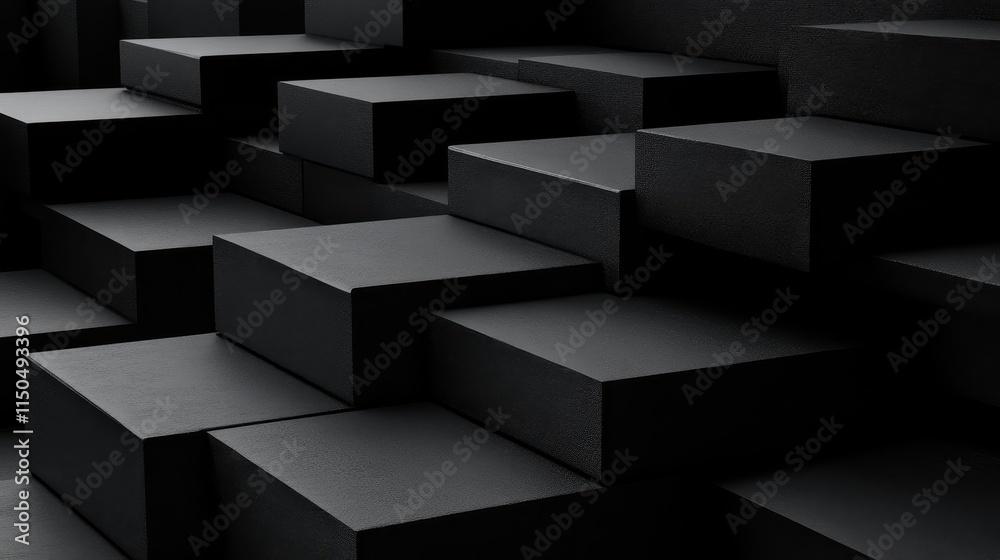 A series of black, textured blocks arranged in a stair-like formation. A series of black, textured blocks arranged in a stair-like formation.