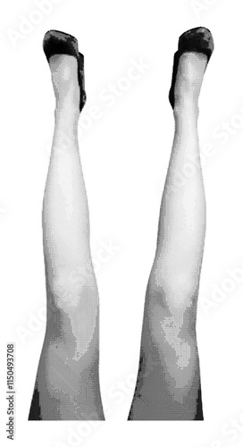 Stylish pointed toe suede heels for women. Modern, trendy footwear, legs in a retro, vintage grayscale style with halftone and dotted texture. Vector illustration isolated on white