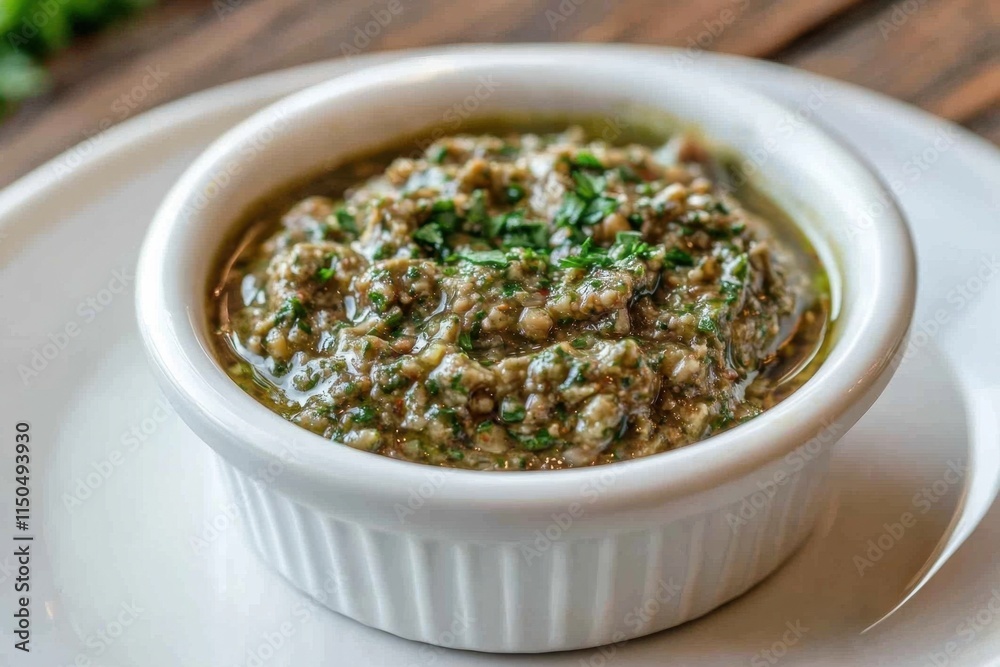 Delicious green sauce with herbs served in a small white bowl on a wooden table Delicious green sauce with herbs served in a small white bowl on a wooden table
