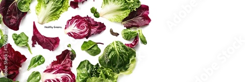 Fresh mixed greens, red leaf lettuce, spinach, and butter lettuce on white background. photo