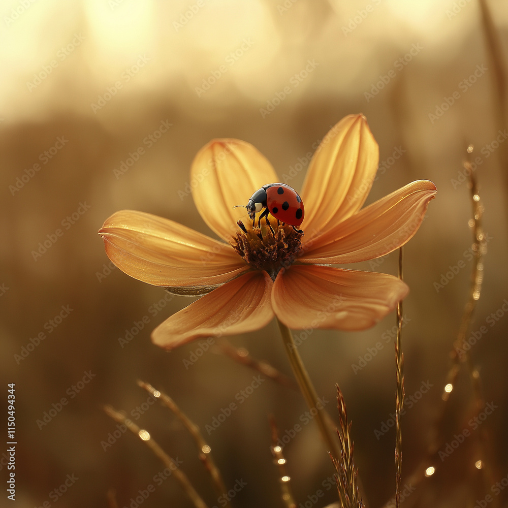 Close-up of a ladybug perched on a golden flower in a warm, sunlit field Close-up of a ladybug perched on a golden flower in a warm, sunlit field