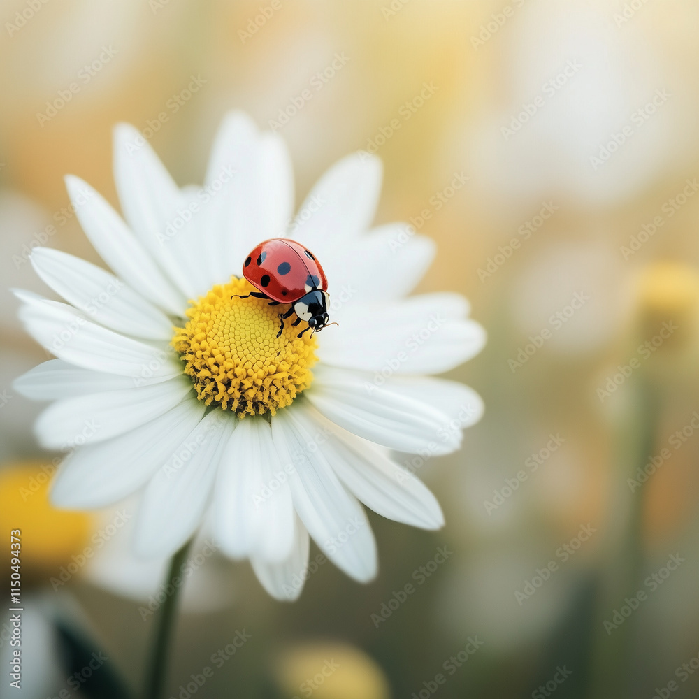 Close-up of a ladybug resting on a daisy flower in a sunlit meadow Close-up of a ladybug resting on a daisy flower in a sunlit meadow