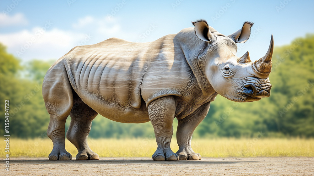 Fototapeta premium Realistic illustration of a rhinoceros standing in a grassy field under a clear blue sky 