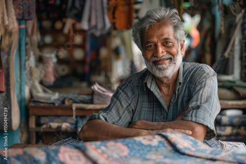 Wallpaper Mural A smiling elderly man in a vibrant marketplace, showcasing warmth and wisdom amidst rich textiles. Torontodigital.ca