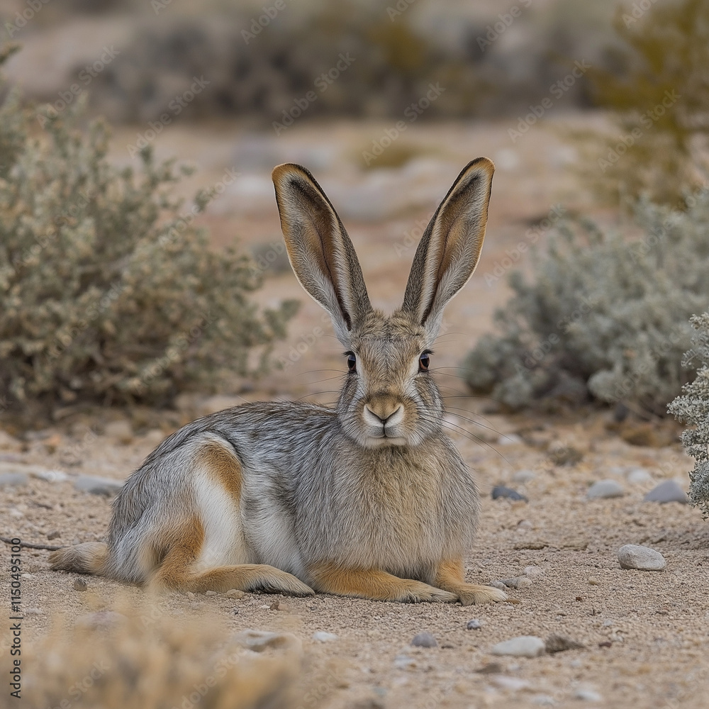 Desert hare resting on the ground surrounded by arid vegetation in a serene setting Desert hare resting on the ground surrounded by arid vegetation in a serene setting