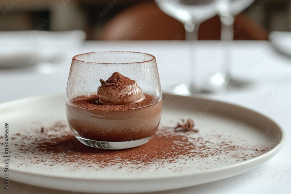 Decadent chocolate dessert served in a glass with cocoa powder on a white plate at a luxurious restaurant Decadent chocolate dessert served in a glass with cocoa powder on a white plate at a luxurious restaurant