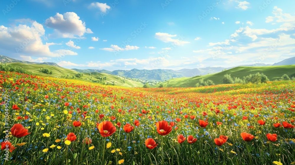 Vibrant flower-filled landscape under a blue sky. Vibrant flower-filled landscape under a blue sky.