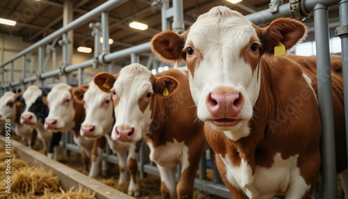Close-up of a brown and white cow looking at the camera with other cows in a barn setting