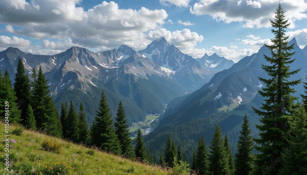 Breathtaking mountain landscape with lush greenery and dramatic clouds in clear blue sky Breathtaking mountain landscape with lush greenery and dramatic clouds in clear blue sky