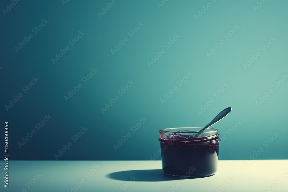 Jar of dark jam with spoon resting on table under soft lighting in a minimalist setting Jar of dark jam with spoon resting on table under soft lighting in a minimalist setting