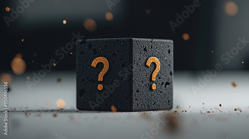 Unveiling the Enigma: A matte black cube, adorned with golden question marks, sits amidst a flurry of golden particles.  What secrets does it hold? photo