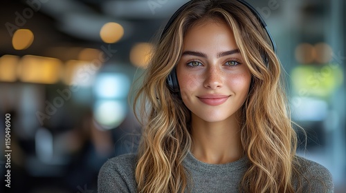 A portrait of a woman wearing a headset in an office, representing a telemarketer, call center agent, or consultant, with a focus on telesales, customer support, and communication services
