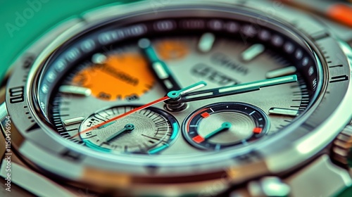 Close-up of a chronograph watch with multiple colored subdials. photo