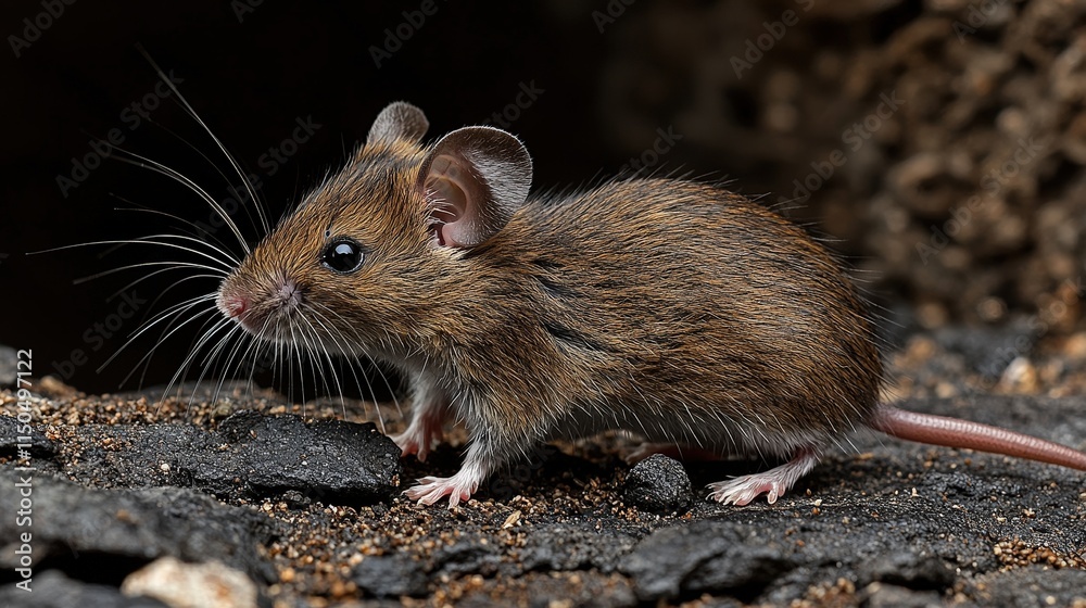 Close-up of a curious brown mouse exploring rocky terrain Close-up of a curious brown mouse exploring rocky terrain
