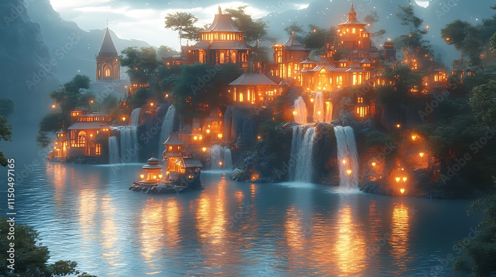 Obraz premium Enchanting village nestled on a cliffside with waterfalls, illuminated at night.