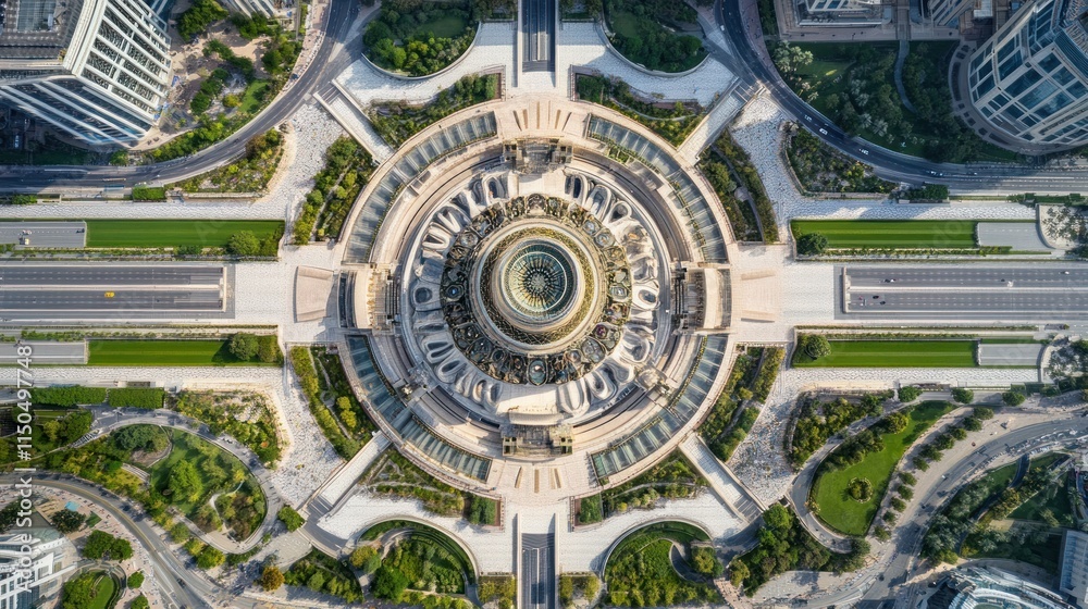 Aerial view of a circular plaza with a dome-shaped building at its center, surrounded by roads and green spaces. Aerial view of a circular plaza with a dome-shaped building at its center, surrounded by roads and green spaces.