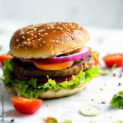 Veggie burger laying on the surface, showcasing texture and color, professional food photo, angle view composition; isolated on white background.