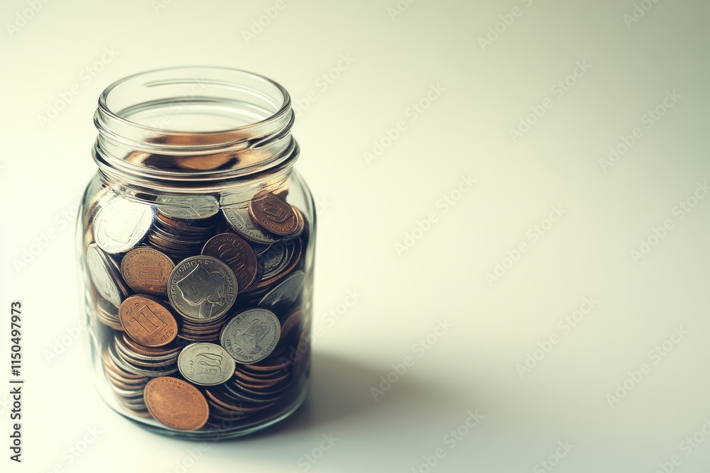 Glass jar filled with various coins sitting next to a piggy bank on a clean white surface illuminated by natural light for financial concepts and savings imagery Glass jar filled with various coins sitting next to a piggy bank on a clean white surface illuminated by natural light for financial concepts and savings imagery