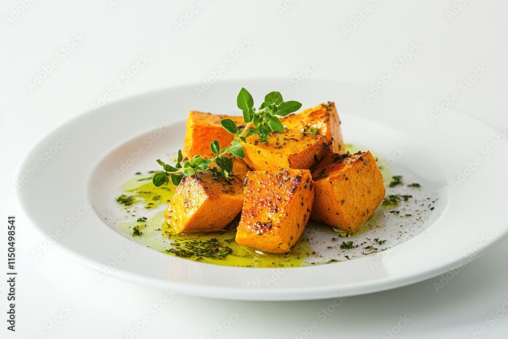 Roasted butternut squash with herbs and olive oil served on a white plate Roasted butternut squash with herbs and olive oil served on a white plate