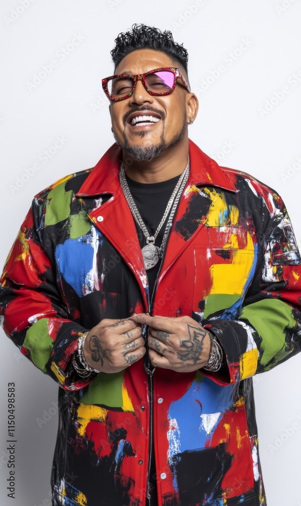 Obraz premium Vibrant fashion statement captures artist showcasing unique style and confidence in colorful jacket