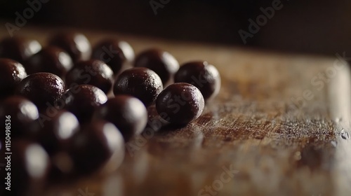 Close-up of dark chocolate balls on wooden surface. photo