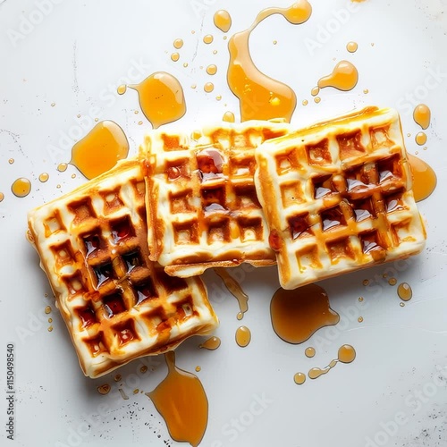 Waffles with syrup laying on the surface, top view composition, professional food photo; isolated on white background.
