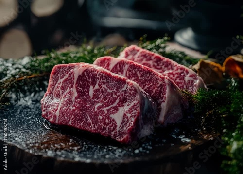 Wagyu beef steak showcasing intense marbling on a white plate, professional food photography, top view composition, high-quality visual detail.