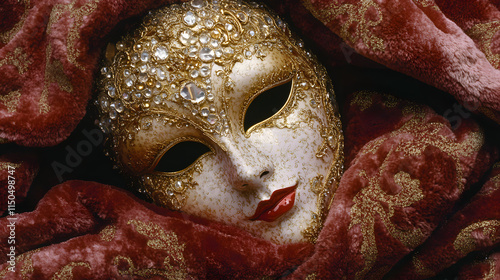 A close-up of a beautifully crafted carnival mask covered in sequins and gold embellishments resting on a velvet cloth. photo