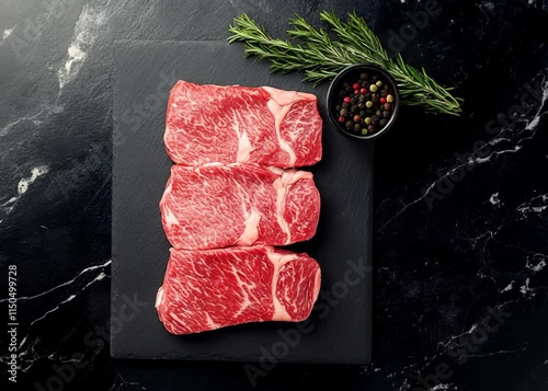 Wagyu beef steak showcasing intense marbling on a white plate, professional food photography, top view composition, high-quality visual detail.