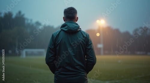 Soccer Coach Observing Training in Heavy Rain