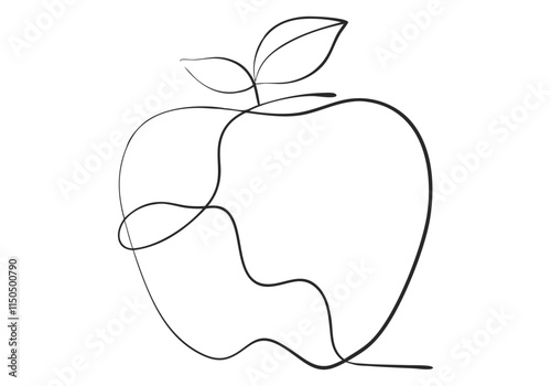 Minimalist Continuous Line Art of an Apple with Stem and Leaf in a Modern Organic Style