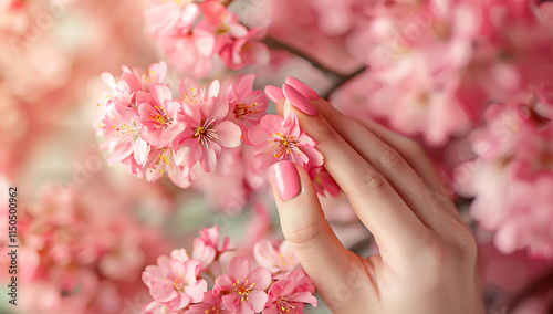 Pink nails with Spring cherry blossoms, creating a refreshing and floral aesthetic for a natural and vibrant manicure in a seasonally inspired design.
