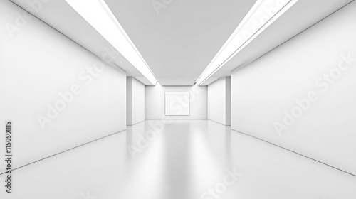 Minimalist white hallway with bright lighting and empty frame.