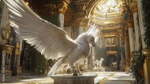 Majestic white pegasus statue in opulent golden palace interior. photo