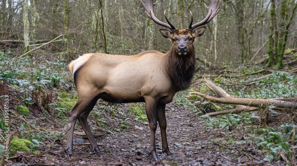 Majestic bull elk standing in a forest, looking directly at the camera. Majestic bull elk standing in a forest, looking directly at the camera.