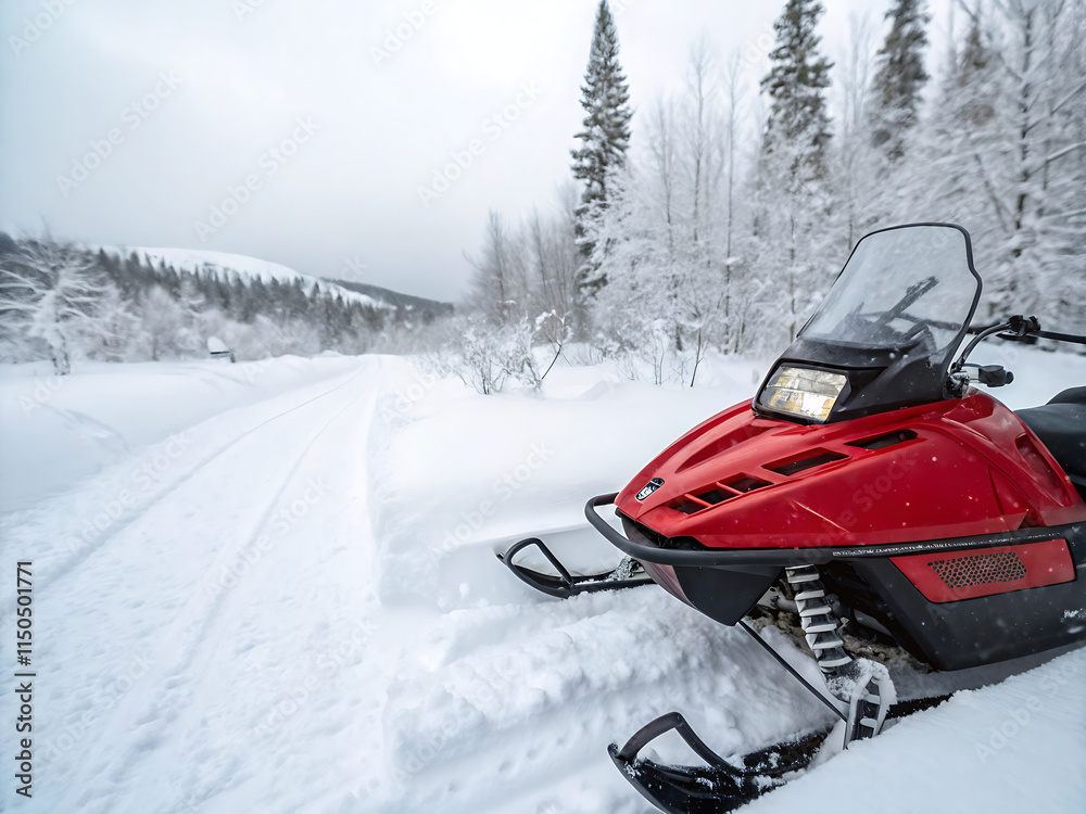 Φωτογραφία Close up photo of a red snowmobile in the snow, snowy landscape, winter adventur