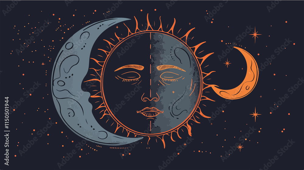 Sun and Moon with Face Flat Vector Illustration Sun and Moon with Face Flat Vector Illustration