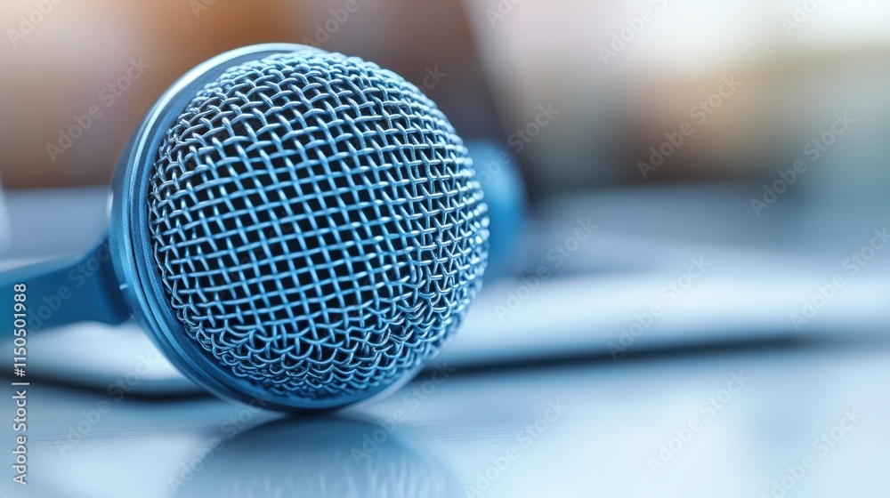 Close-up of a light blue microphone on a tablet. Close-up of a light blue microphone on a tablet.