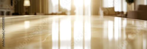 Polished stone table reflecting sunlight in a bright  modern living room.