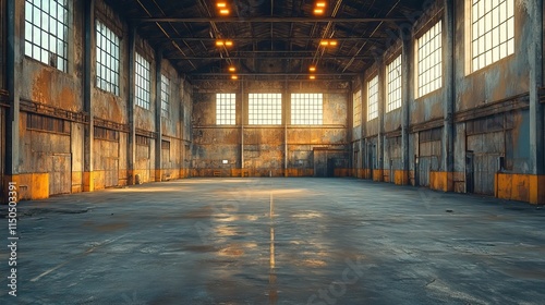 An abandoned warehouse interior with lights and windows  representing real estate  manufacturing  and industrial property